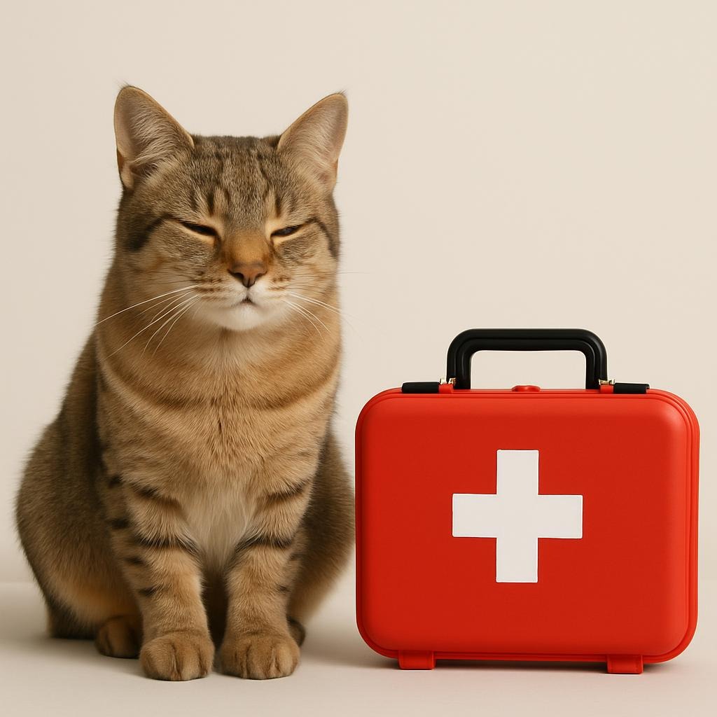 Gatinho e seu Kit de primeiros socorros para pets organizado