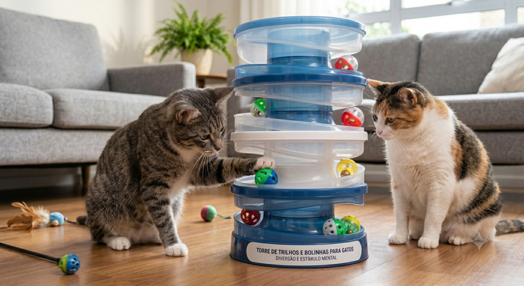 gato rajado se divertindo com brinquedos para gatos do tipo torre de trilhos