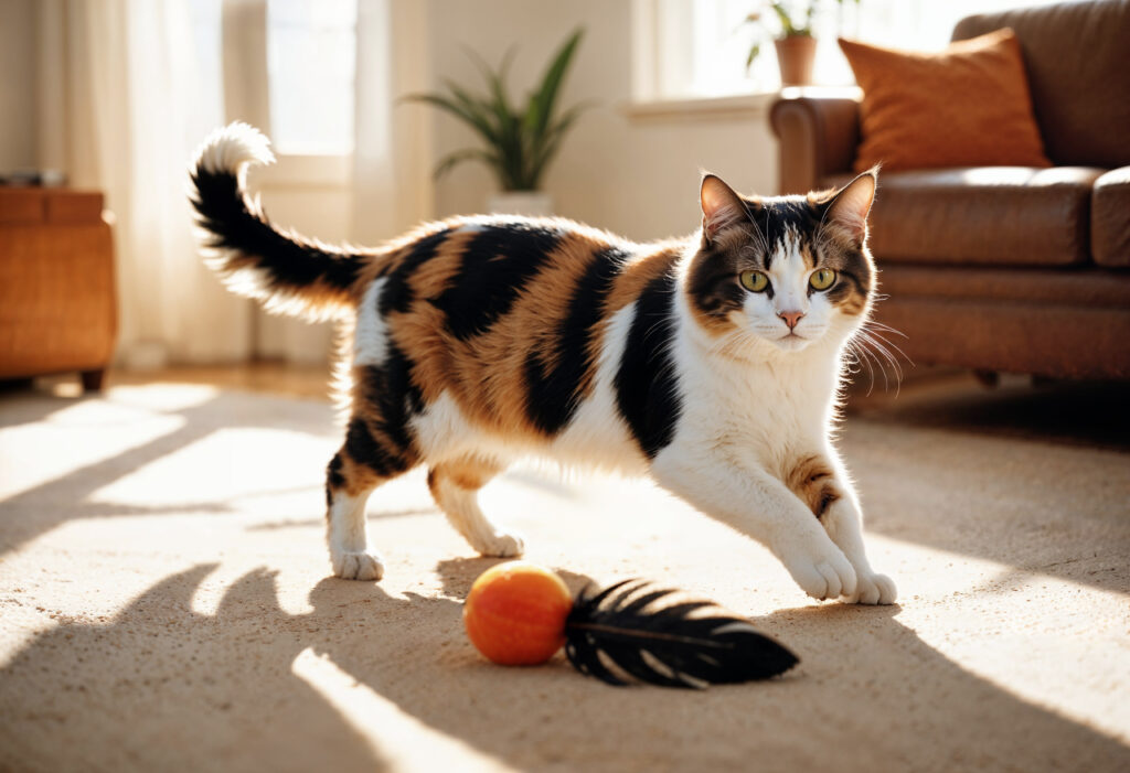 gato feliz e relaxado após brincar com seus brinquedos para gatos prediletos